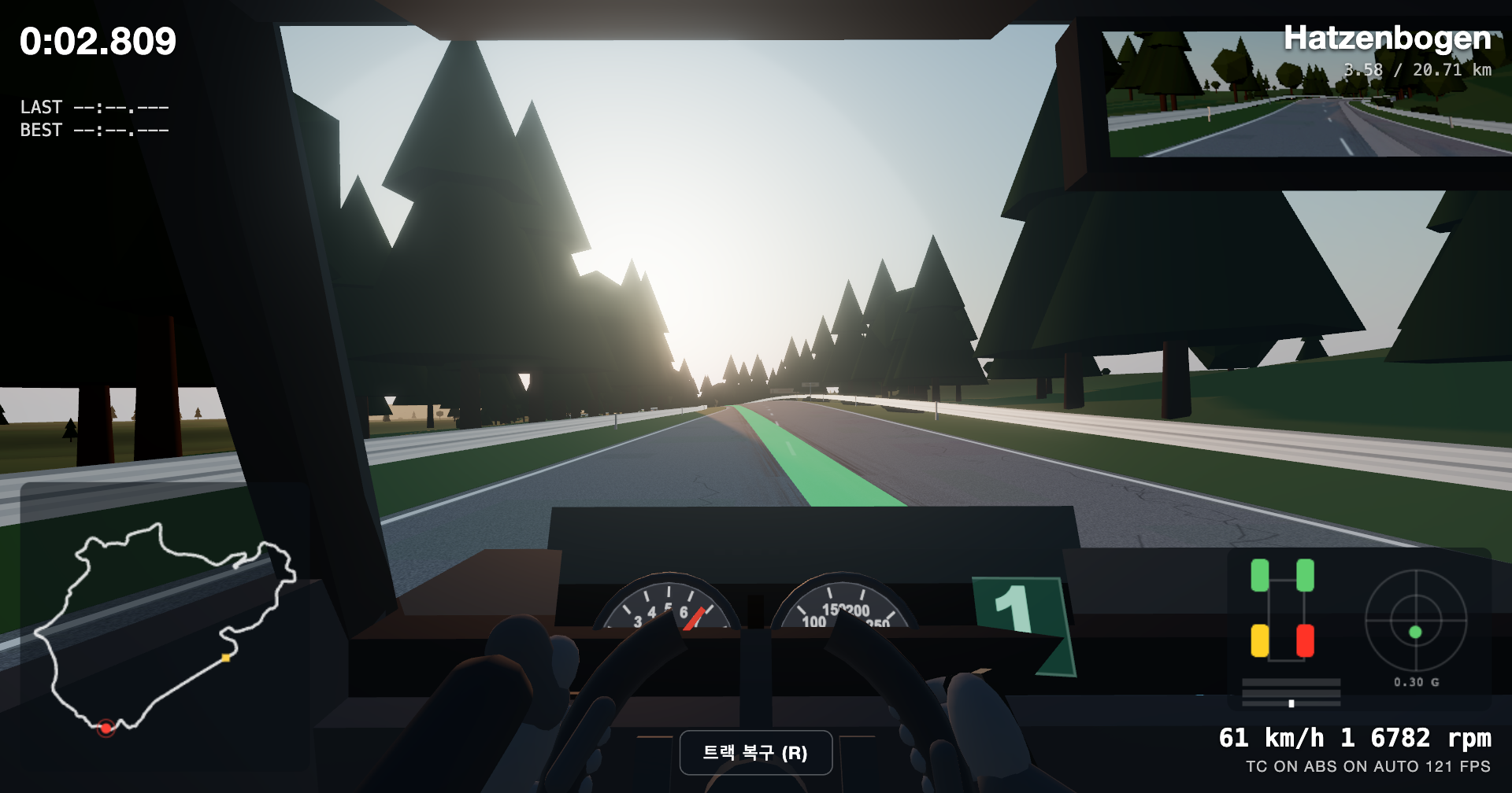 A sports car racing through a forested circuit